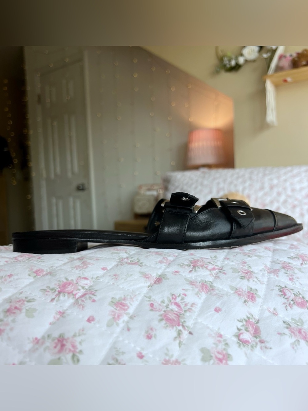 Schutz Penny Black Leather Pointed Toe Double Buckle Mule Goth Grunge Flats 11B - Picture 5 of 6